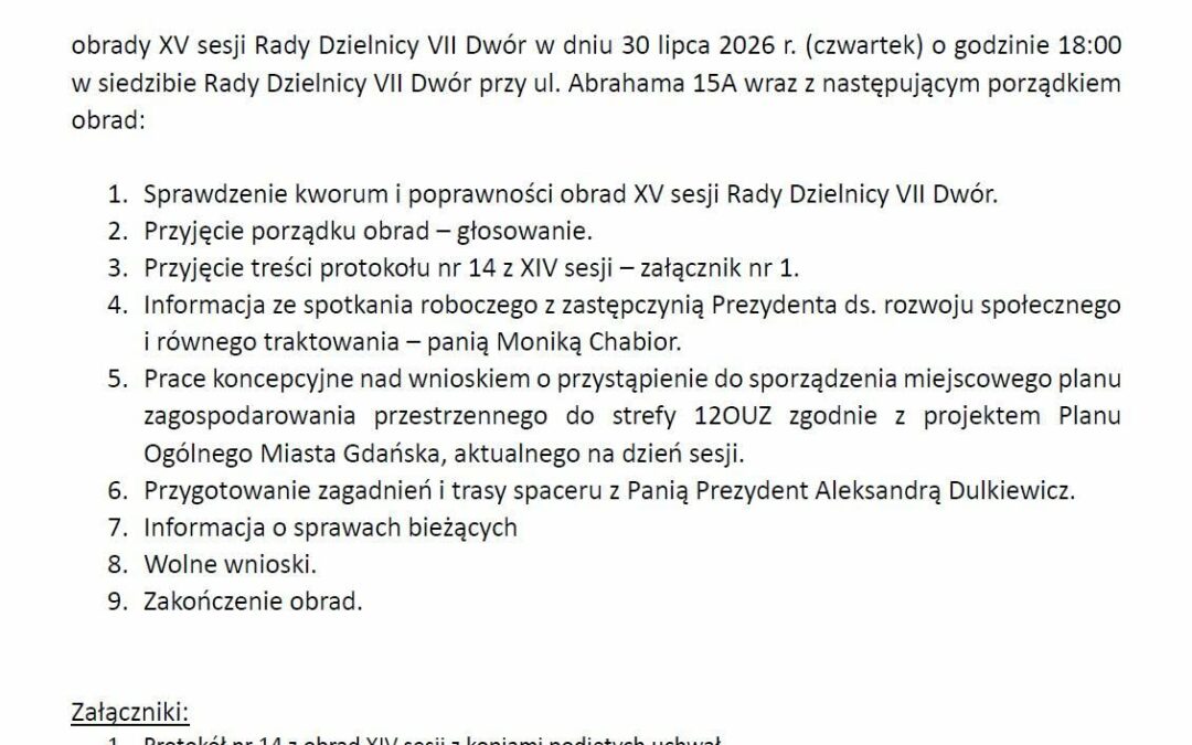 XV Sesja Rady Dzielnicy VII Dwór